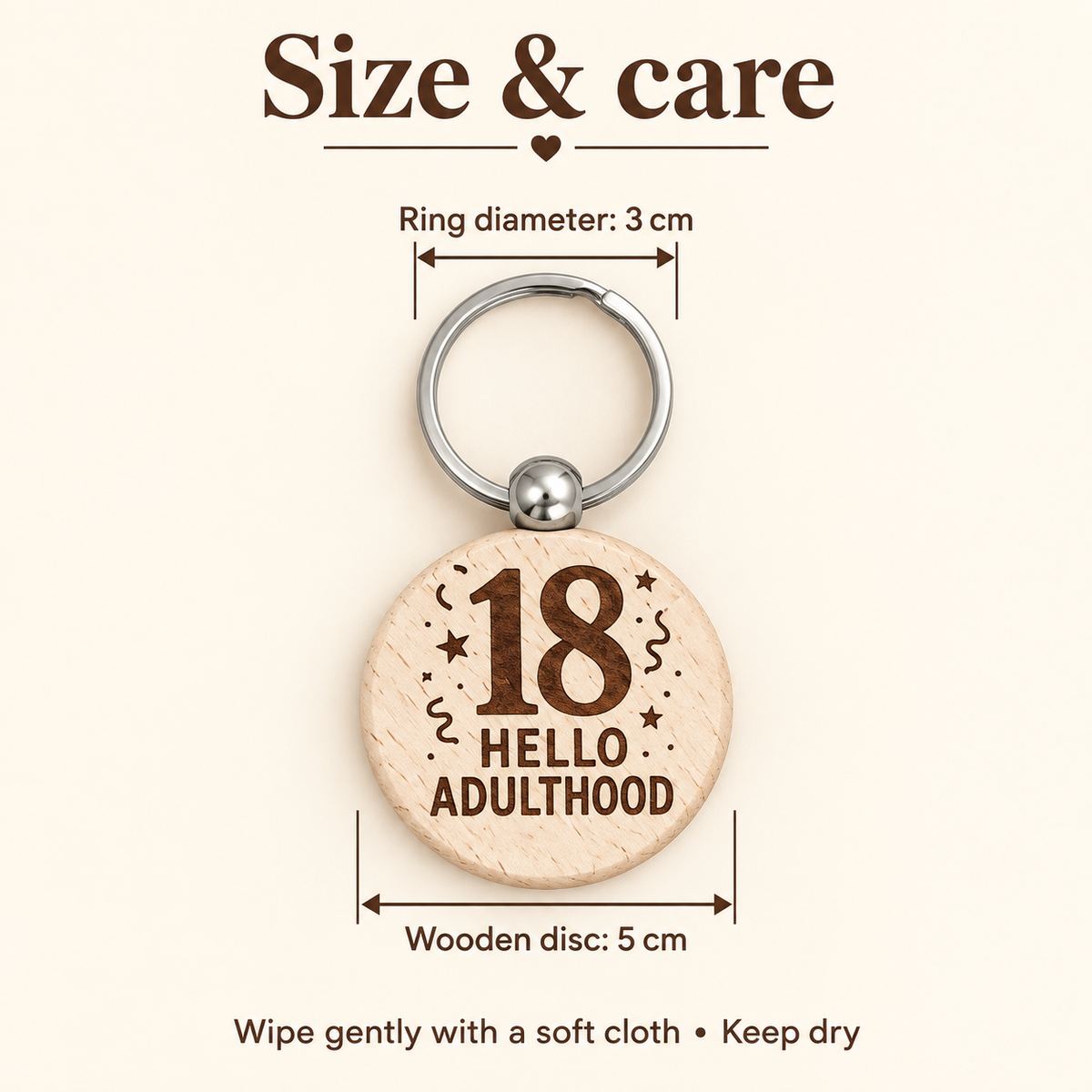 Wooden keyring 5 cm with 3 cm diameter metal ring – size and care