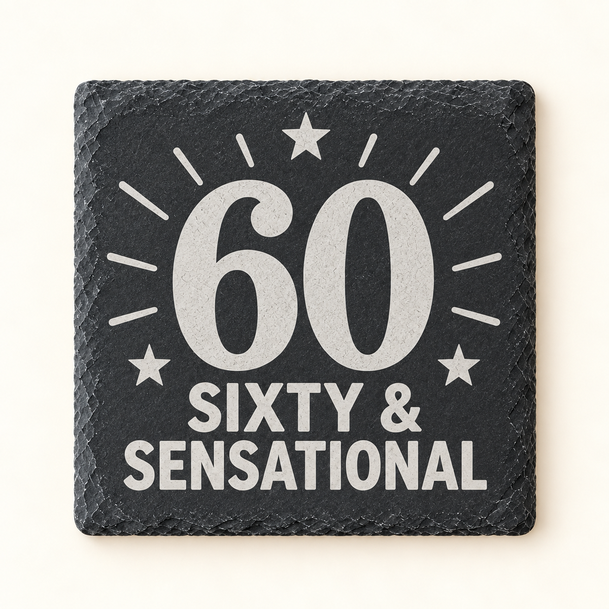 60 birthday engraved slate coaster – 10 × 10 cm