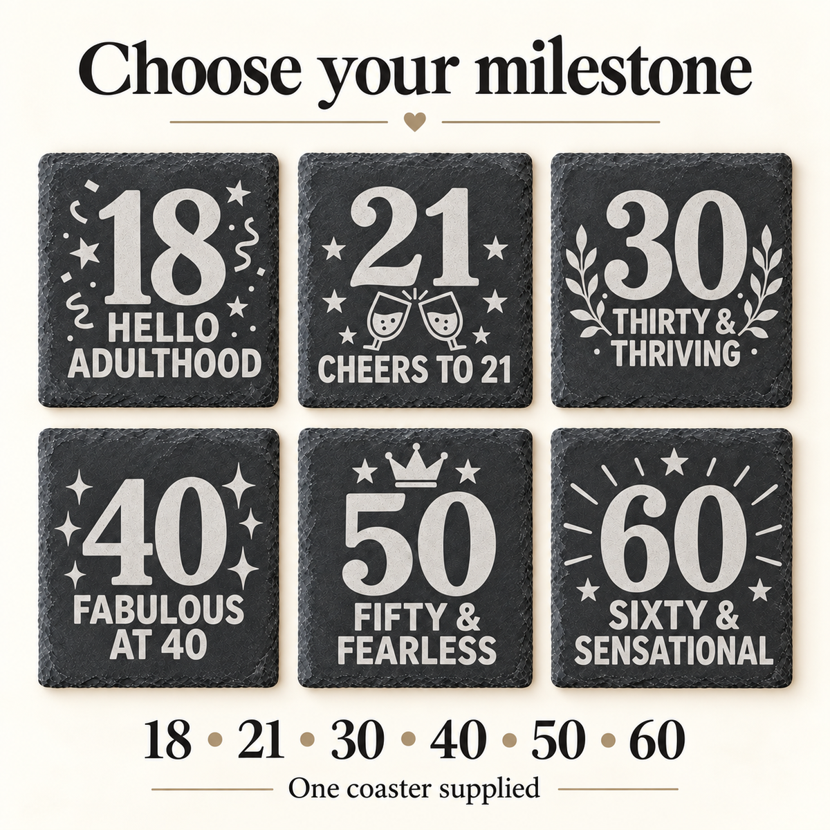 Choose your birthday age – one slate coaster supplied