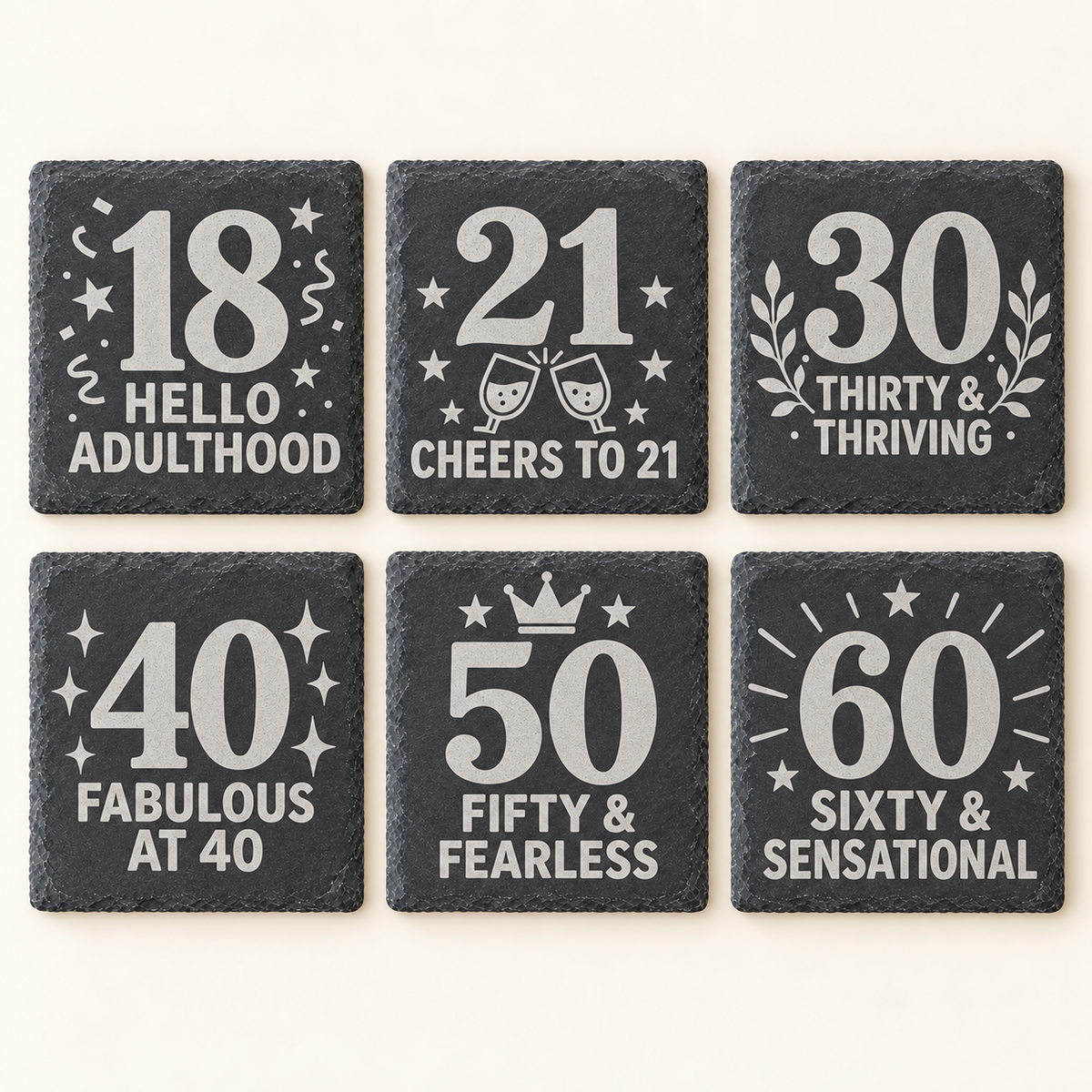 Milestone birthday slate coasters – ages 18, 21, 30, 40, 50 and 60