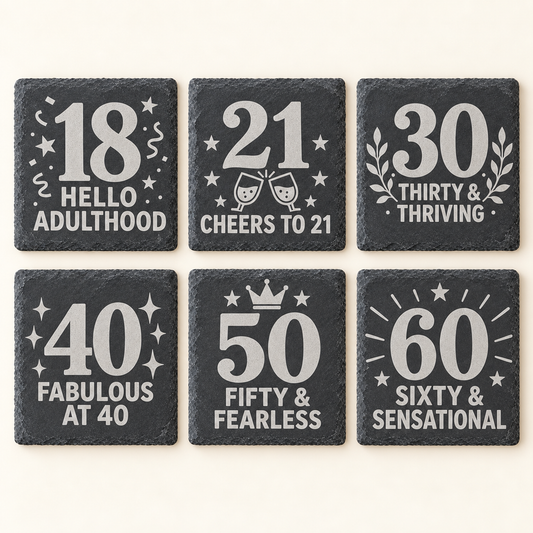 Milestone birthday slate coasters – ages 18, 21, 30, 40, 50 and 60