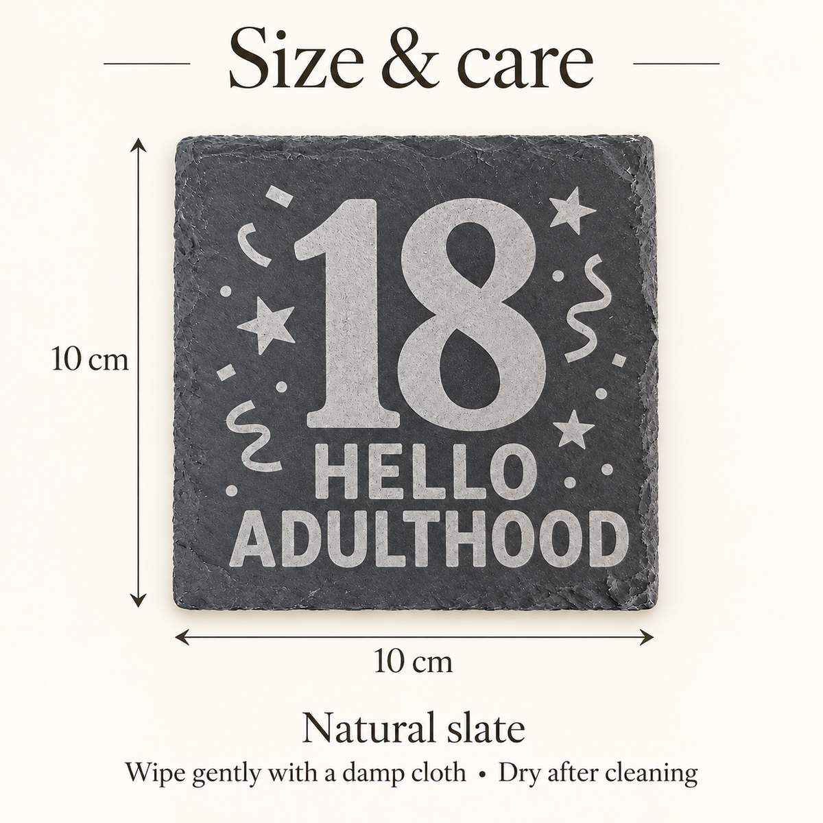 Slate coaster size 10 × 10 cm and care guide