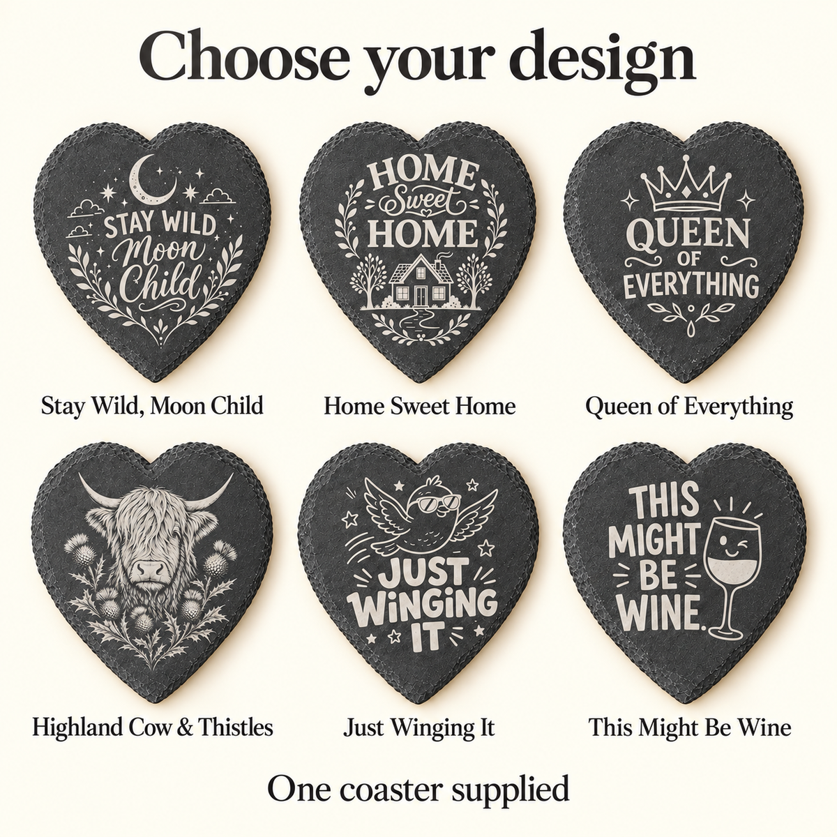 Heart slate coaster design choices – one coaster supplied