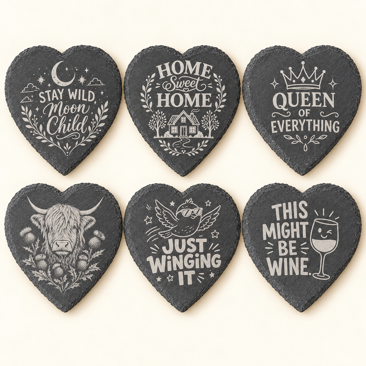 Six engraved heart slate coaster designs