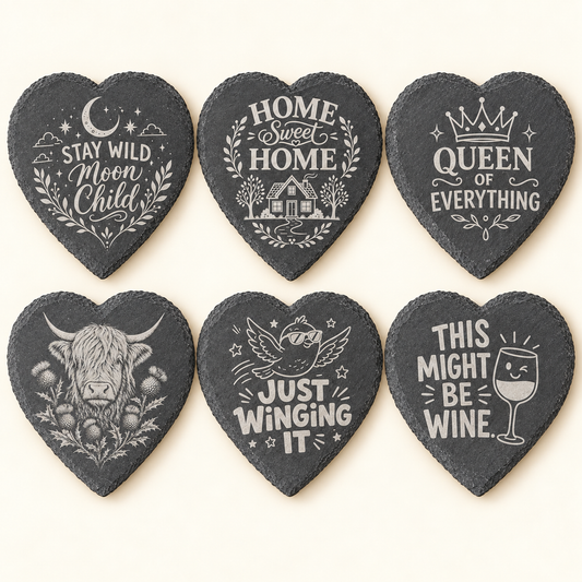 Six engraved heart slate coaster designs