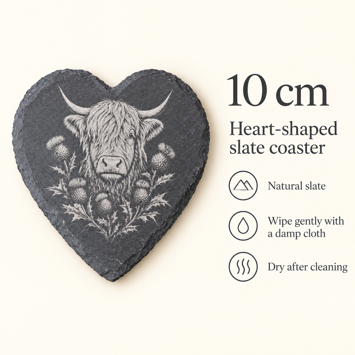 10 cm heart slate coaster size and care