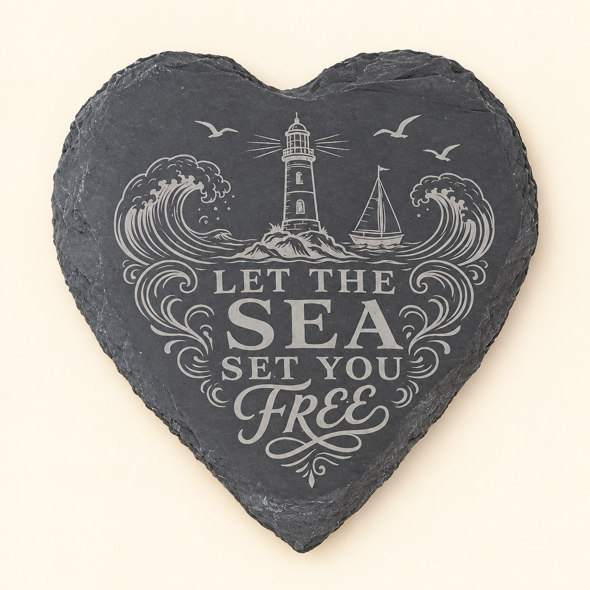 Let the Sea Set You Free engraved heart slate coaster