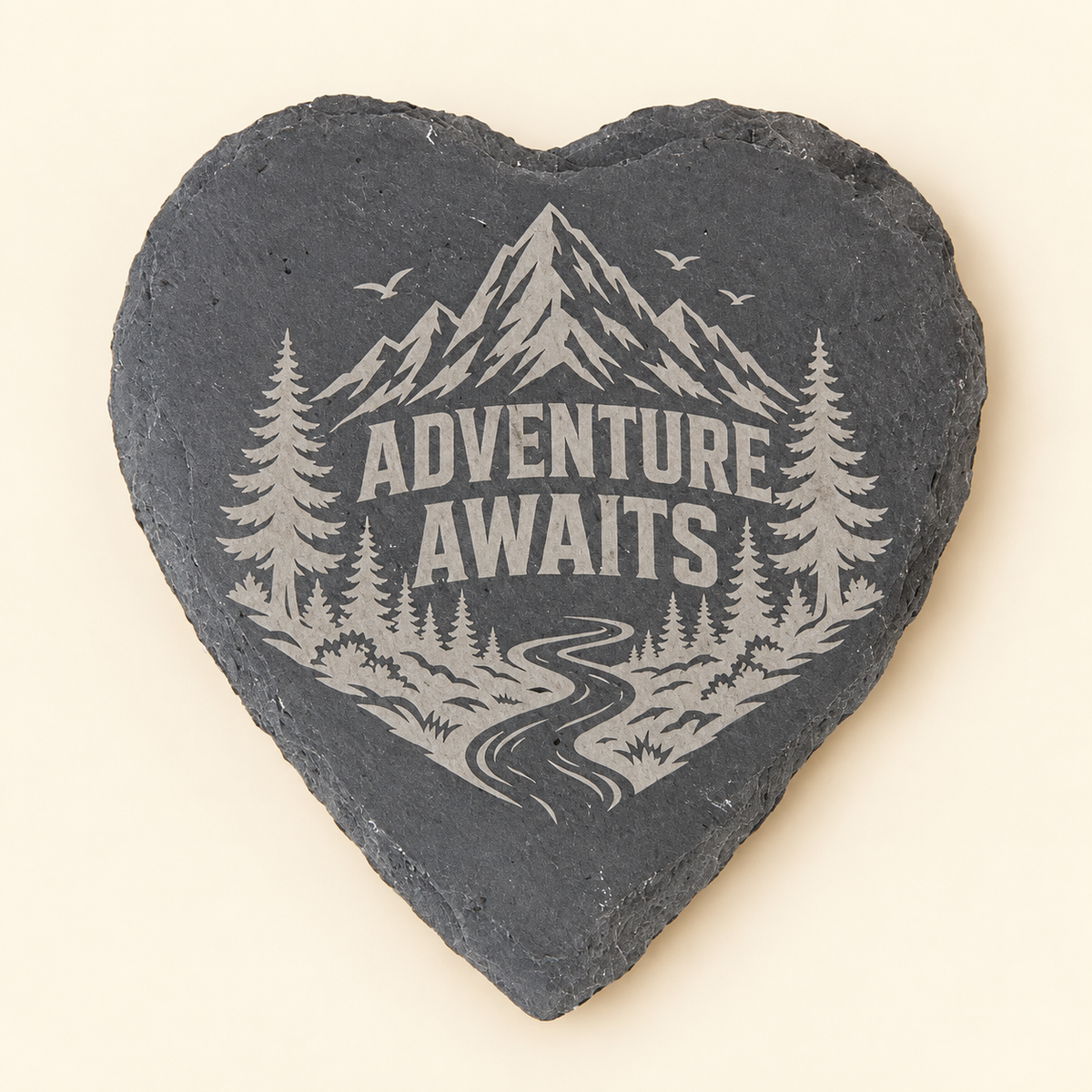 Adventure Awaits engraved heart slate coaster