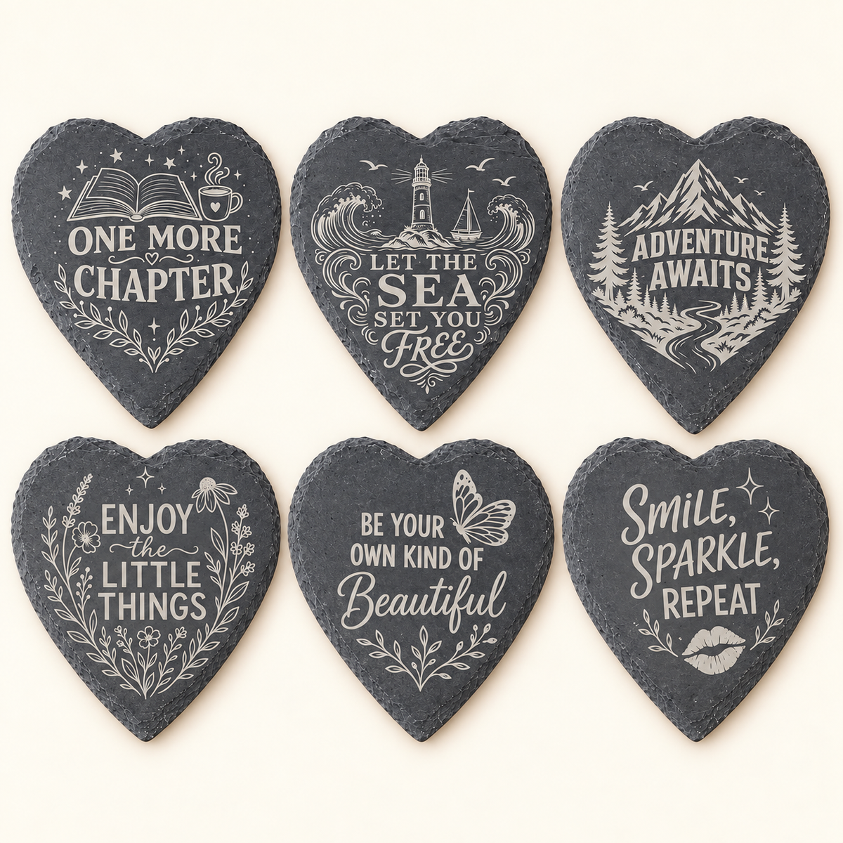 Heart-shaped slate coasters – six engraved designs