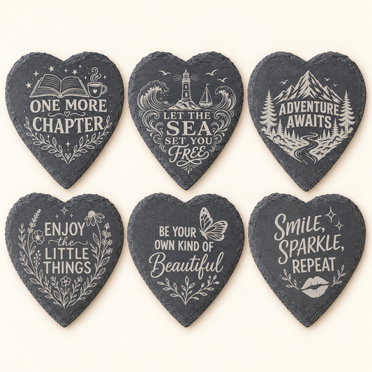 Heart-shaped slate coasters – six engraved designs