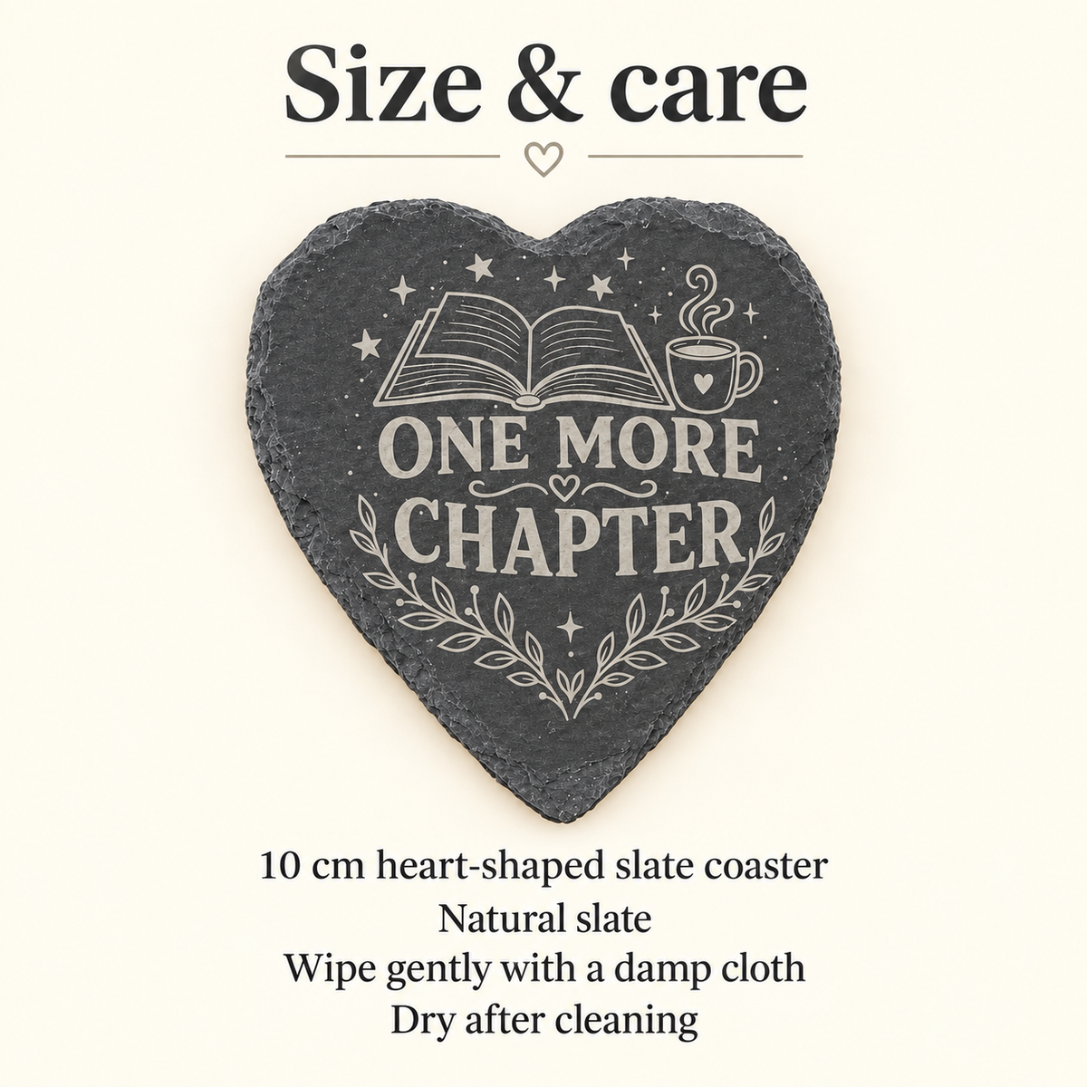 10 cm heart-shaped slate coaster – size and care