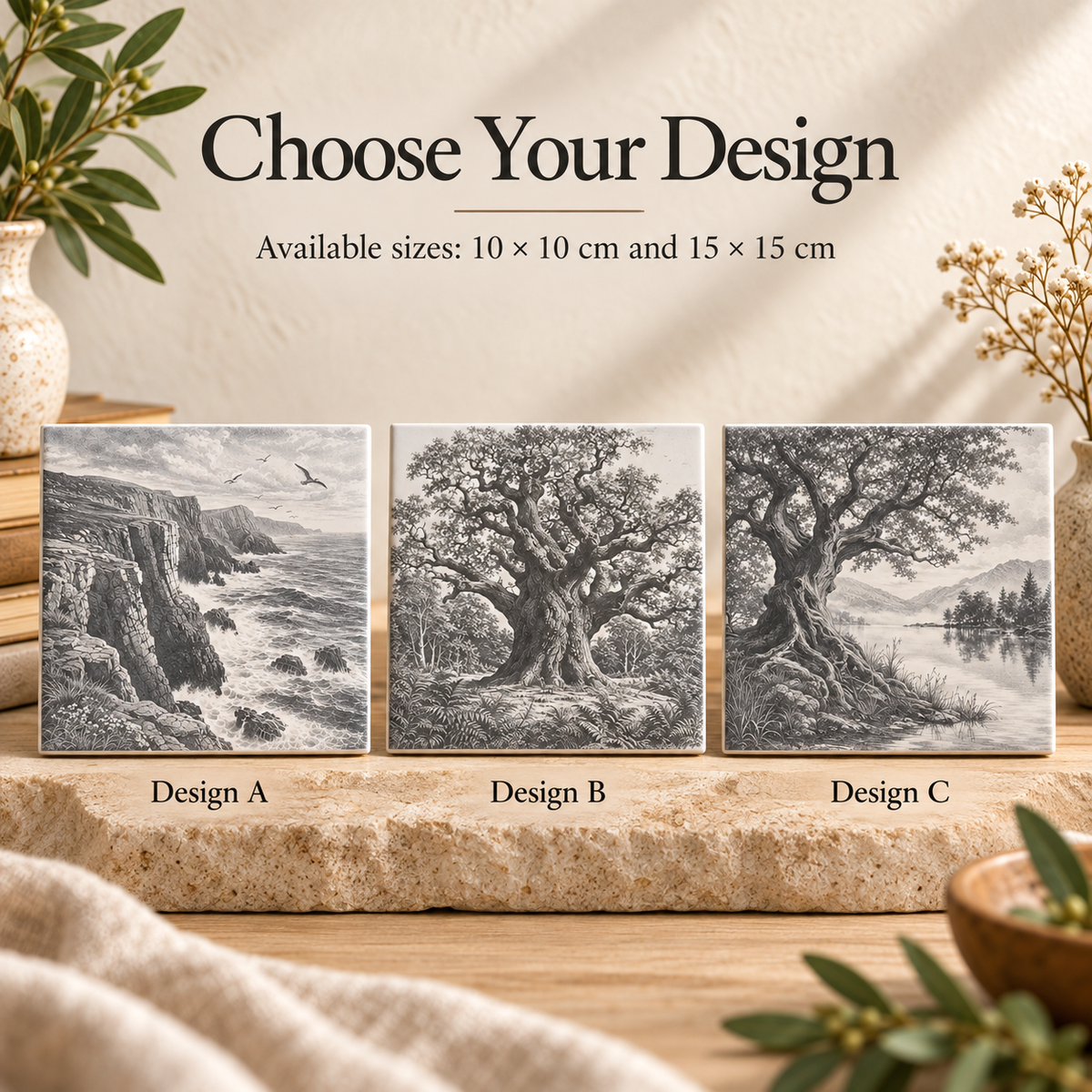 Choose from three nature landscape ceramic tile designs in 10 × 10 cm and 15 × 15 cm