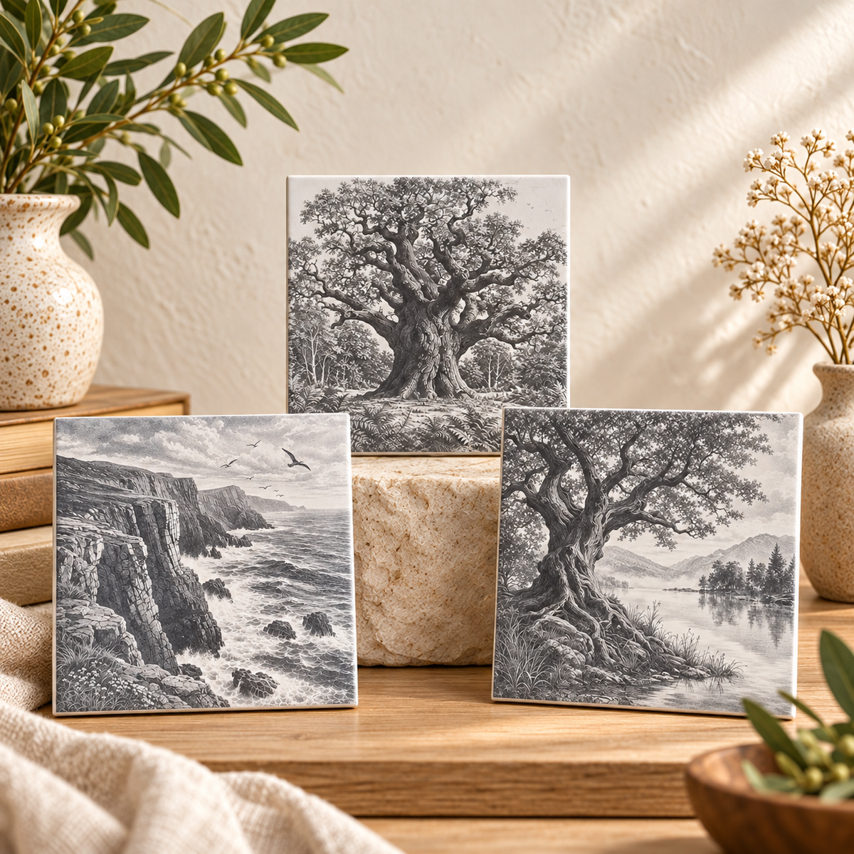 Three nature landscape ceramic tiles displayed in a warm neutral home setting