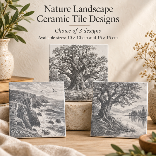 Nature landscape ceramic tile collection showing three designs and available sizes