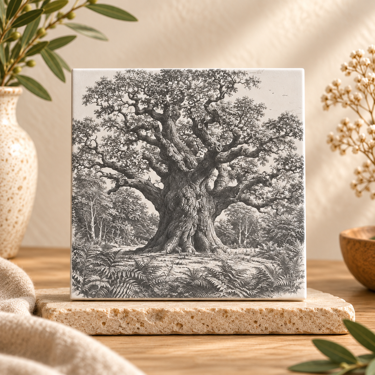 Nature landscape ceramic tile Design B featuring an ancient oak tree