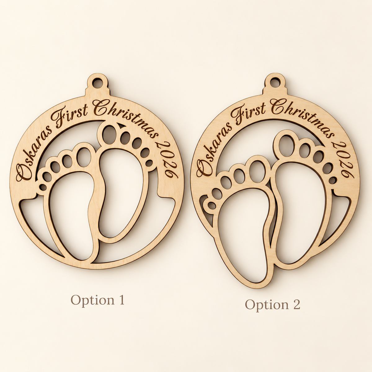 Two design options for personalised baby's first Christmas wooden ornament