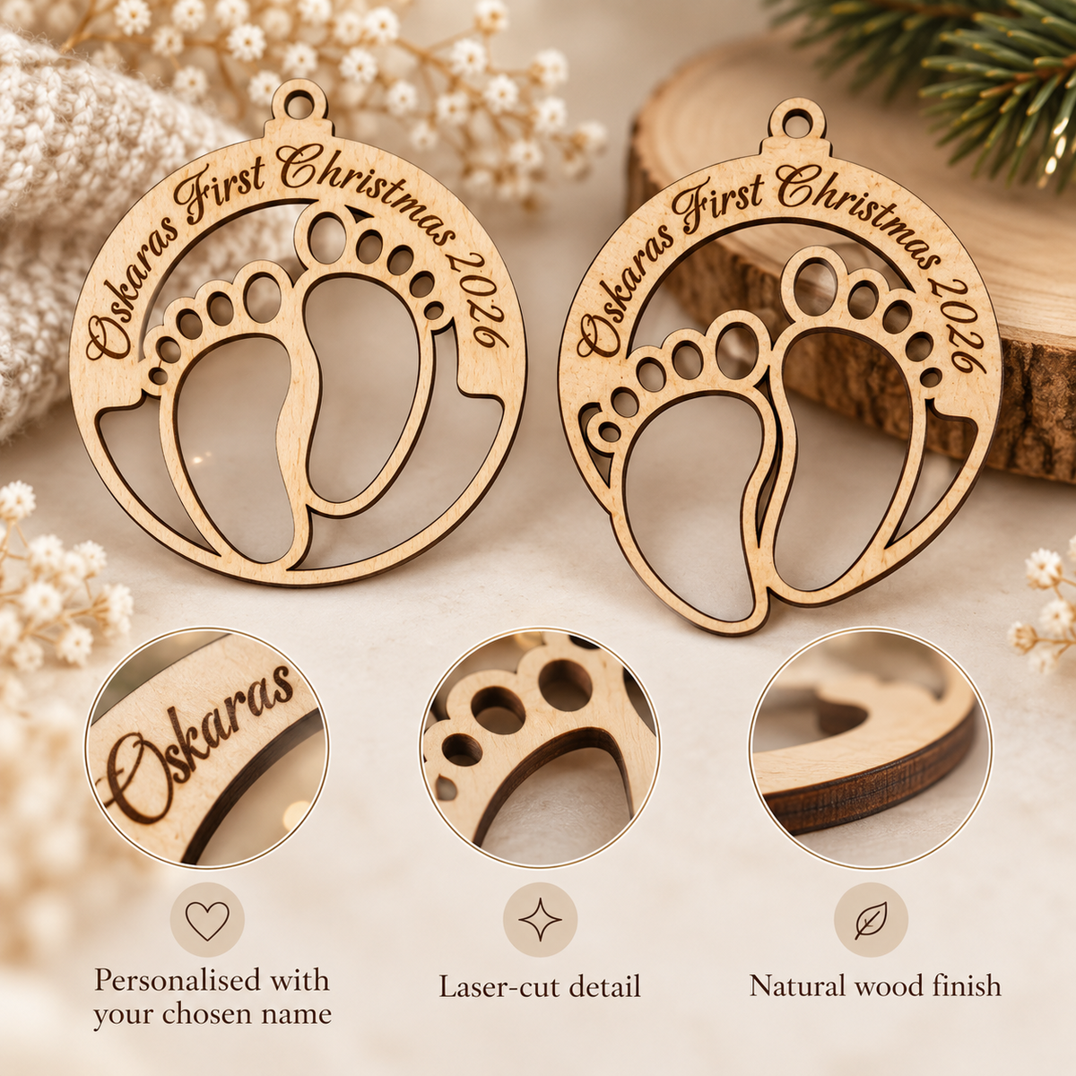 Close-up detail of personalised baby's first Christmas wooden ornaments