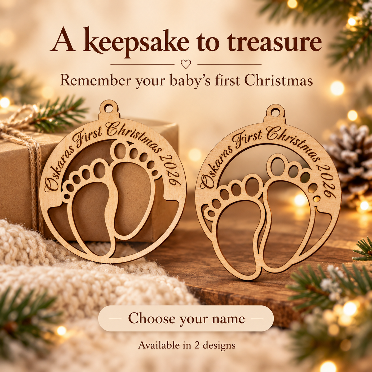 Personalised baby's first Christmas wooden ornaments presented as keepsakes