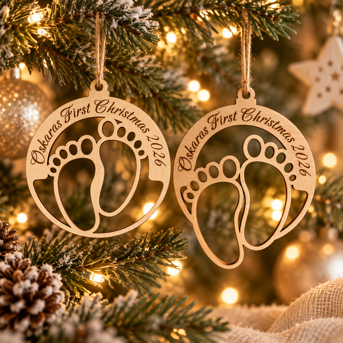Personalised baby's first Christmas wooden ornaments displayed on a Christmas tree