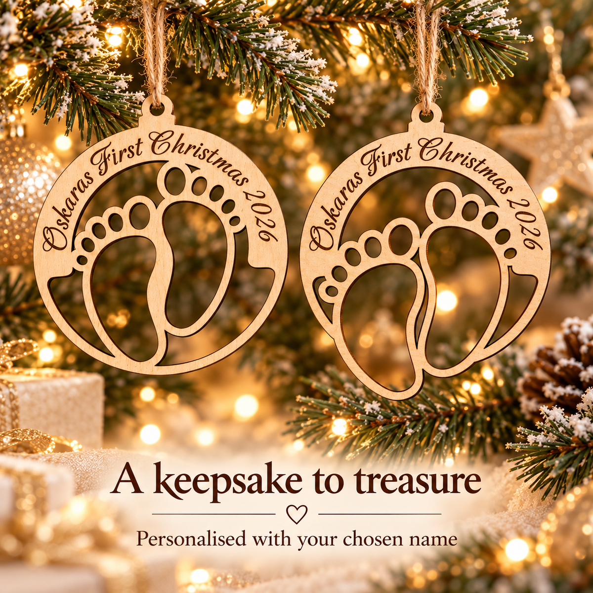 Two personalised baby's first Christmas wooden ornaments hanging on a Christmas tree