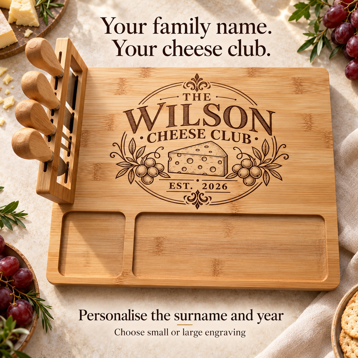 Design 2 Family Cheese Club engraved surname and year