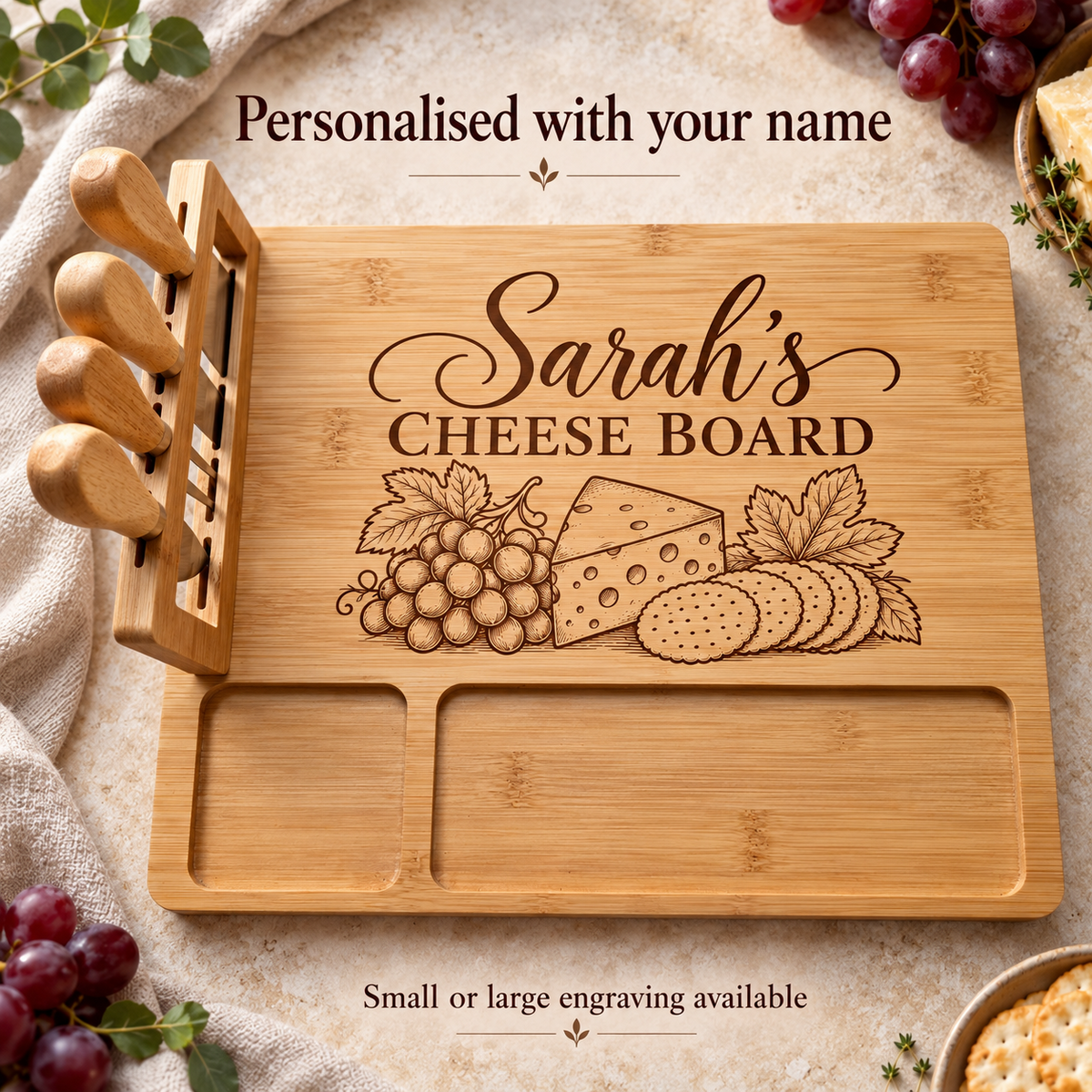 Design 1 Name and Cheese showing engraved first name with cheese grapes and crackers
