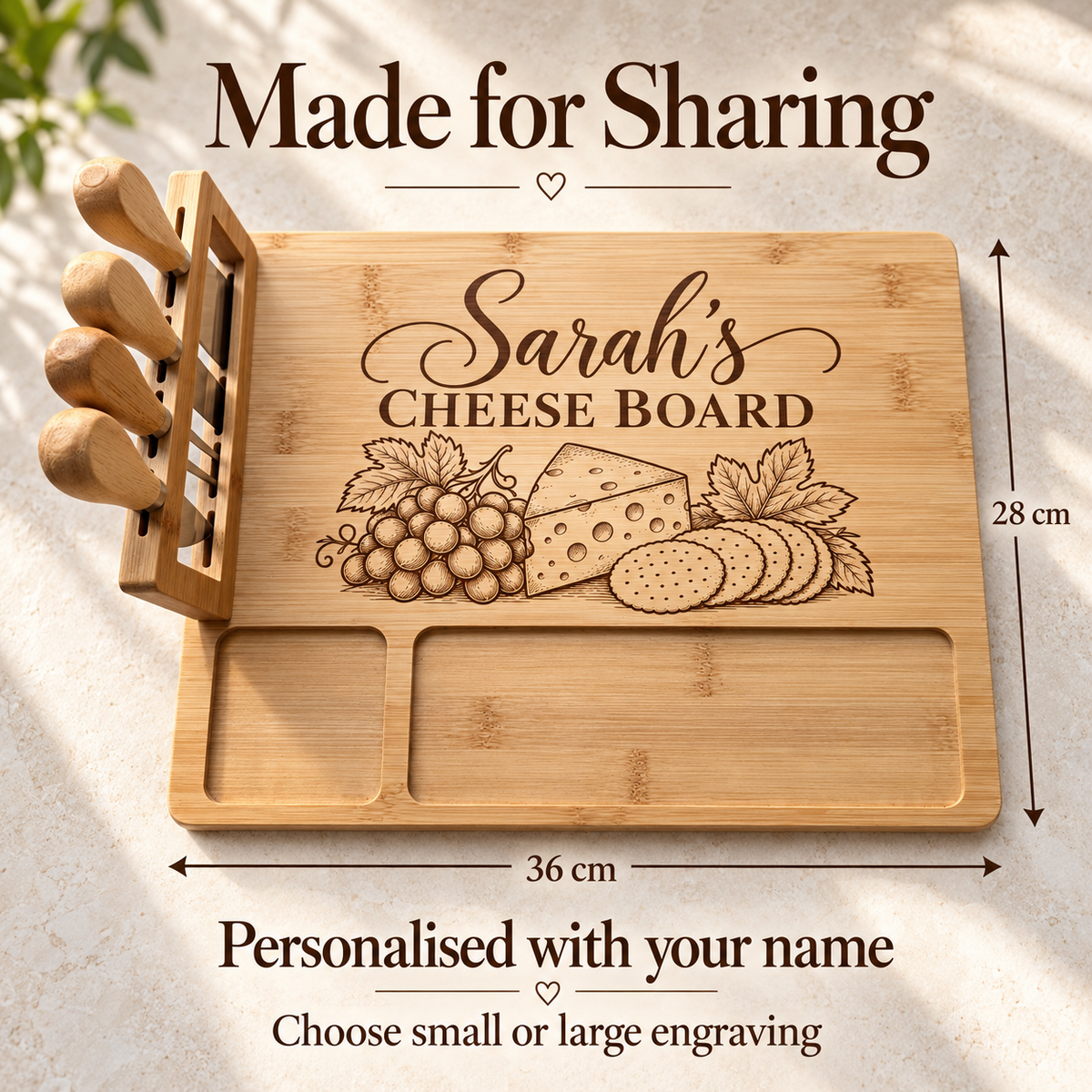 Personalised 28 by 36 centimetre bamboo cheese board with large central name and cheese design