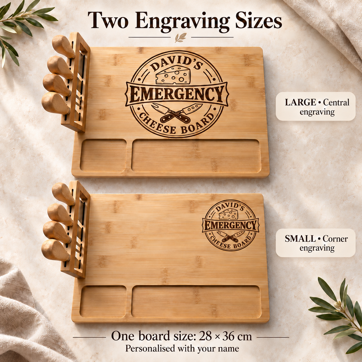 Small corner and large central engraving size choices on a 28 by 36 centimetre bamboo cheese board