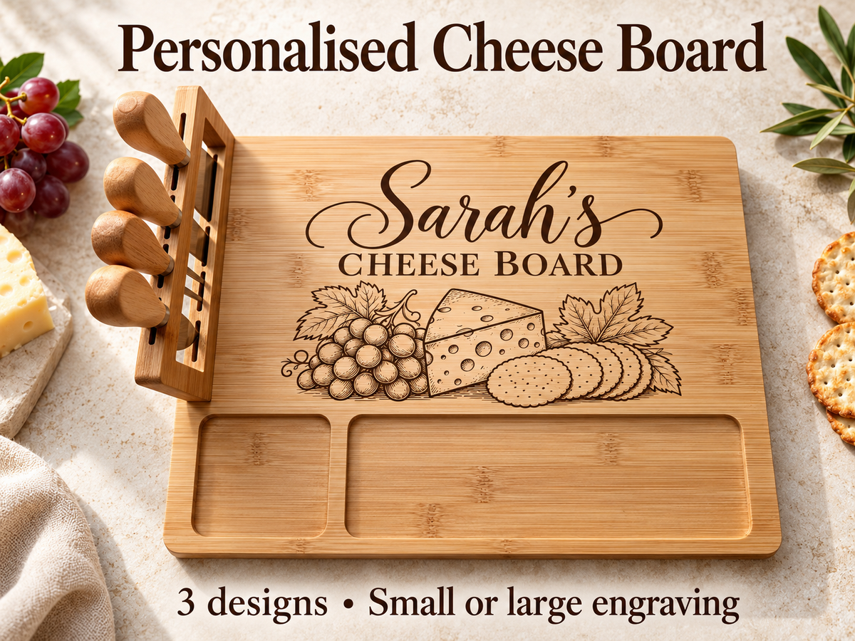 Personalised bamboo cheese board with engraved name and cheese illustration