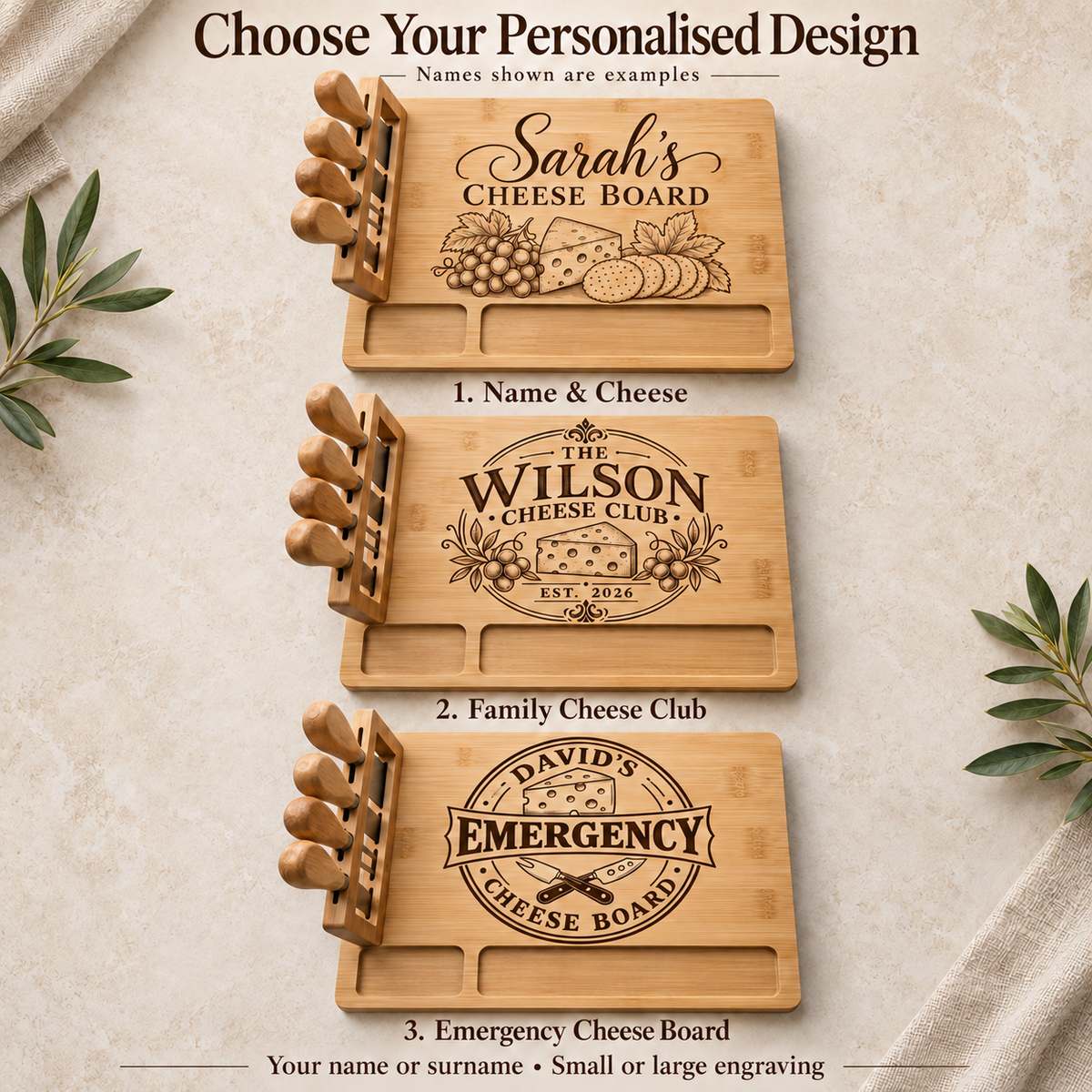 Three personalised cheese board engraving designs: Name and Cheese, Family Cheese Club and Emergency Cheese Board