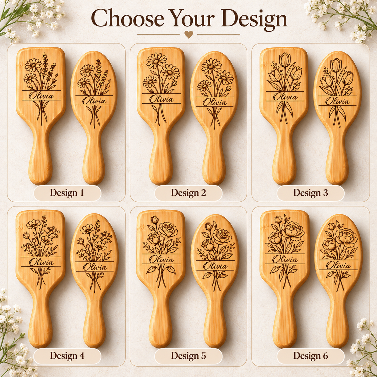 Choose from six floral designs for a personalised bamboo hairbrush