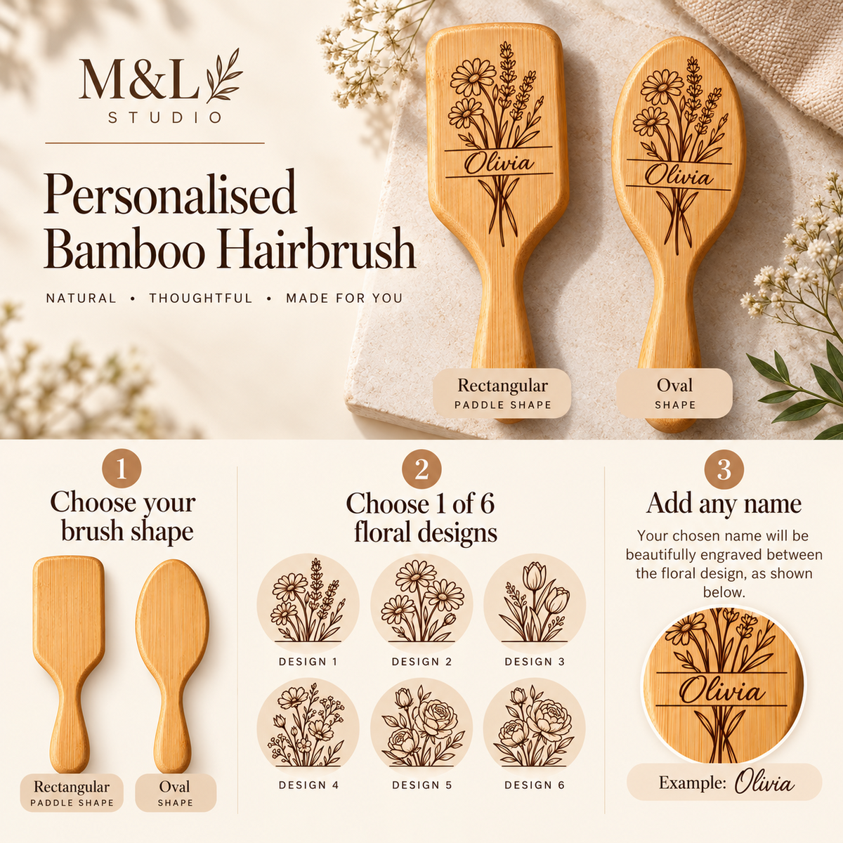 Personalised bamboo hairbrush showing two shapes, six floral designs and custom name engraving