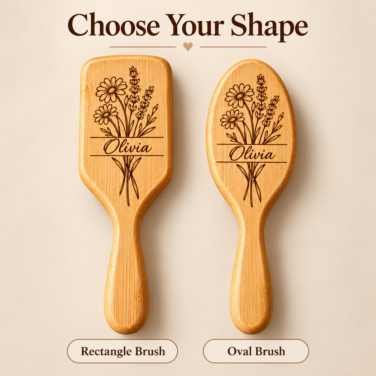 Choose rectangular or oval personalised bamboo hairbrush shape
