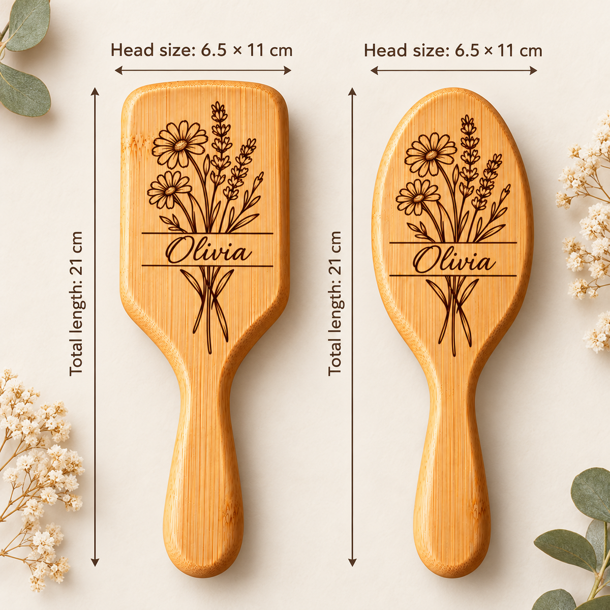 Personalised bamboo hairbrush dimensions showing 6.5 by 11 centimetre head and 21 centimetre total length
