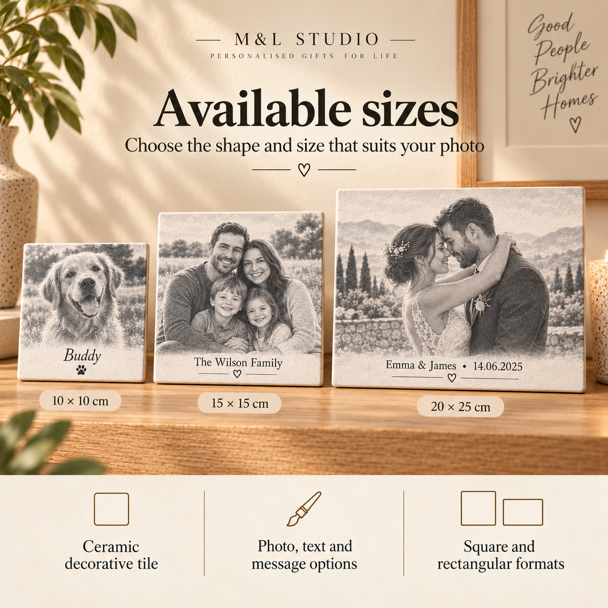 Personalised ceramic tile size guide showing 10 × 10 cm, 15 × 15 cm and 20 × 25 cm options