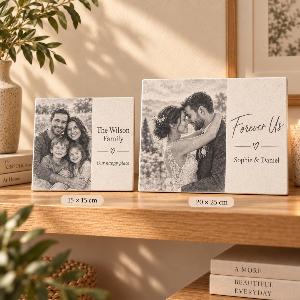 Personalised family and wedding ceramic tile examples with split photo and text layouts