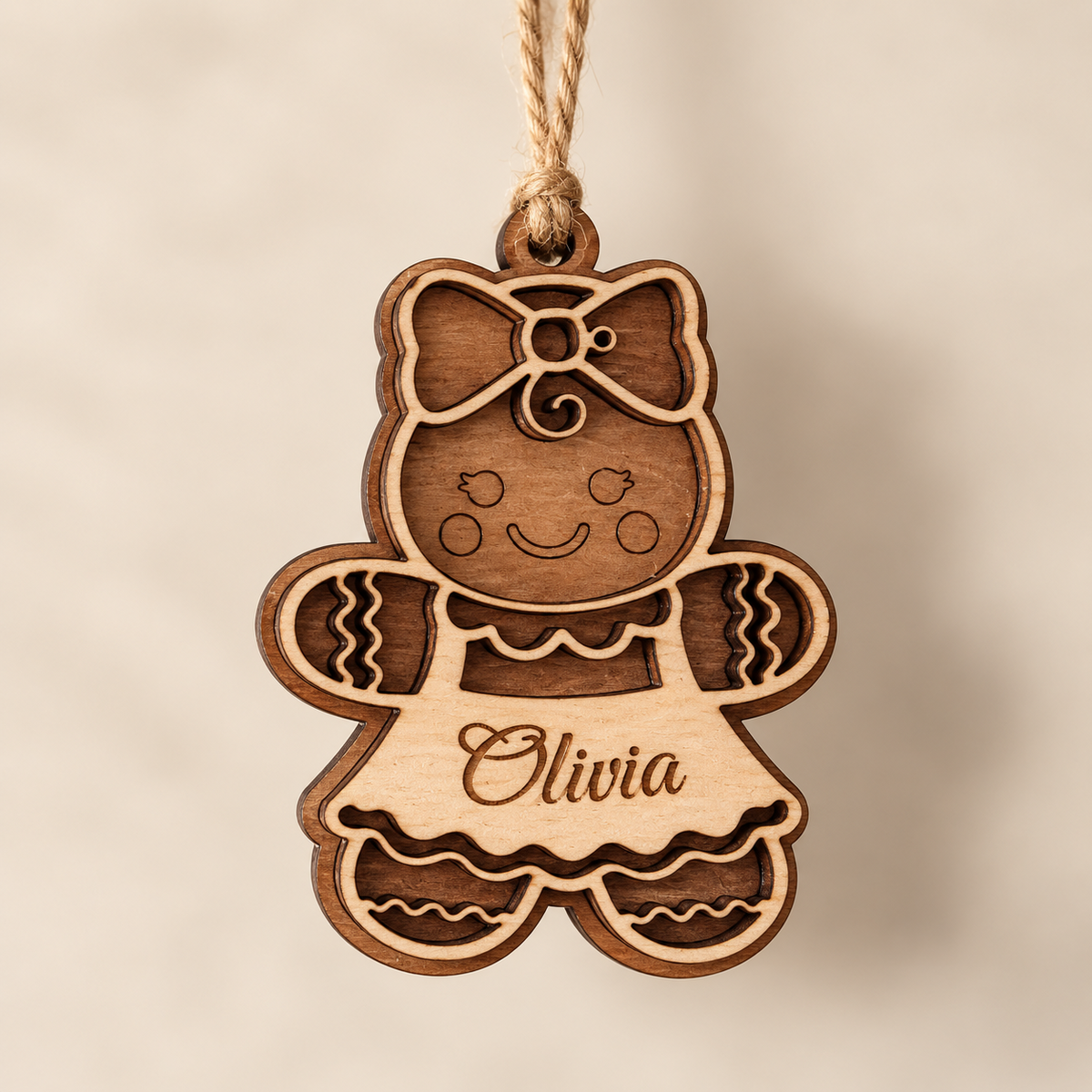 Design 3 personalised wooden gingerbread girl Christmas ornament with bow