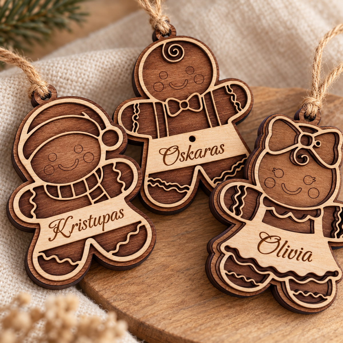 Close-up of three personalised wooden gingerbread Christmas ornaments