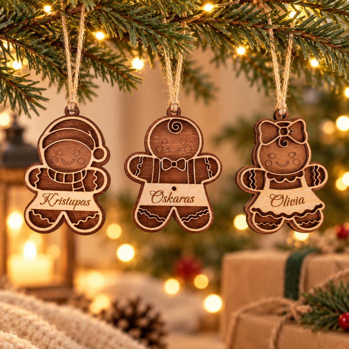 Three personalised gingerbread Christmas ornaments hanging on a Christmas tree