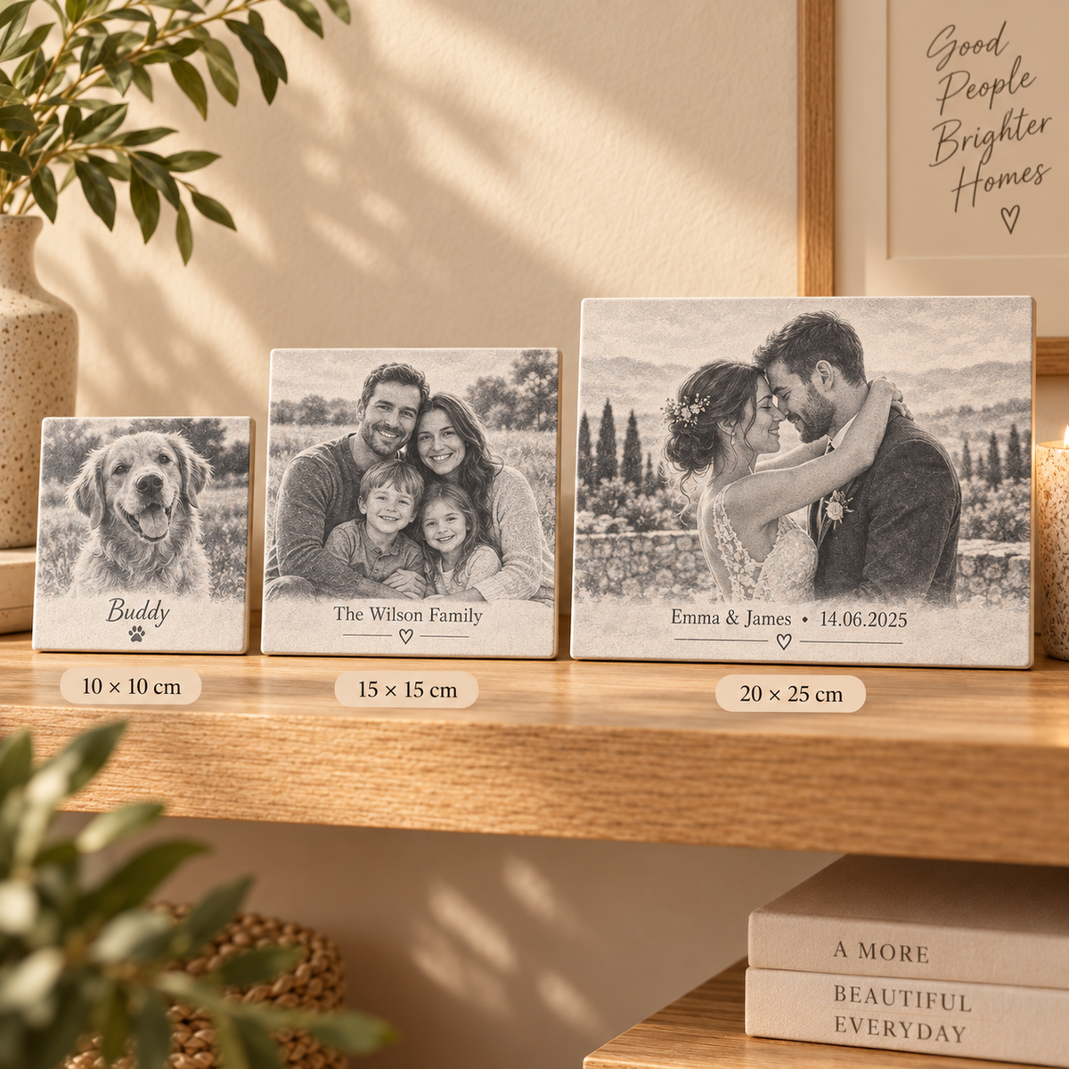 Personalised ceramic photo tiles in 10 × 10 cm, 15 × 15 cm and 20 × 25 cm sizes