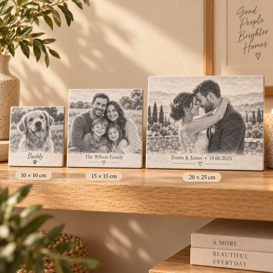 Personalised ceramic photo tiles in 10 × 10 cm, 15 × 15 cm and 20 × 25 cm sizes