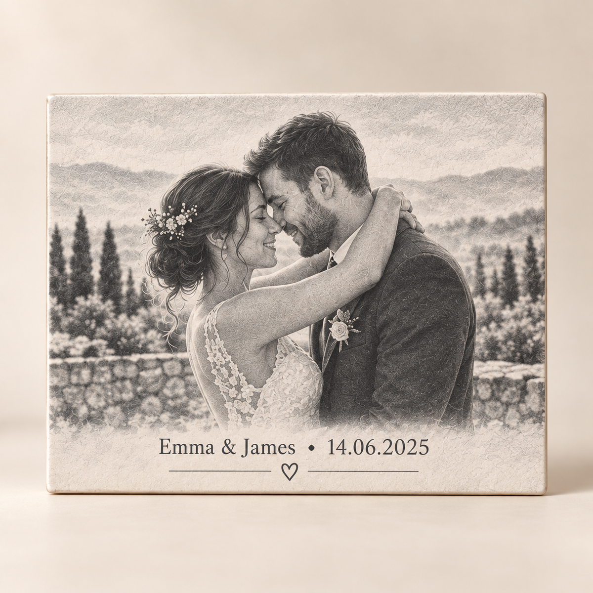 Personalised rectangular ceramic photo tile with names and date below the image