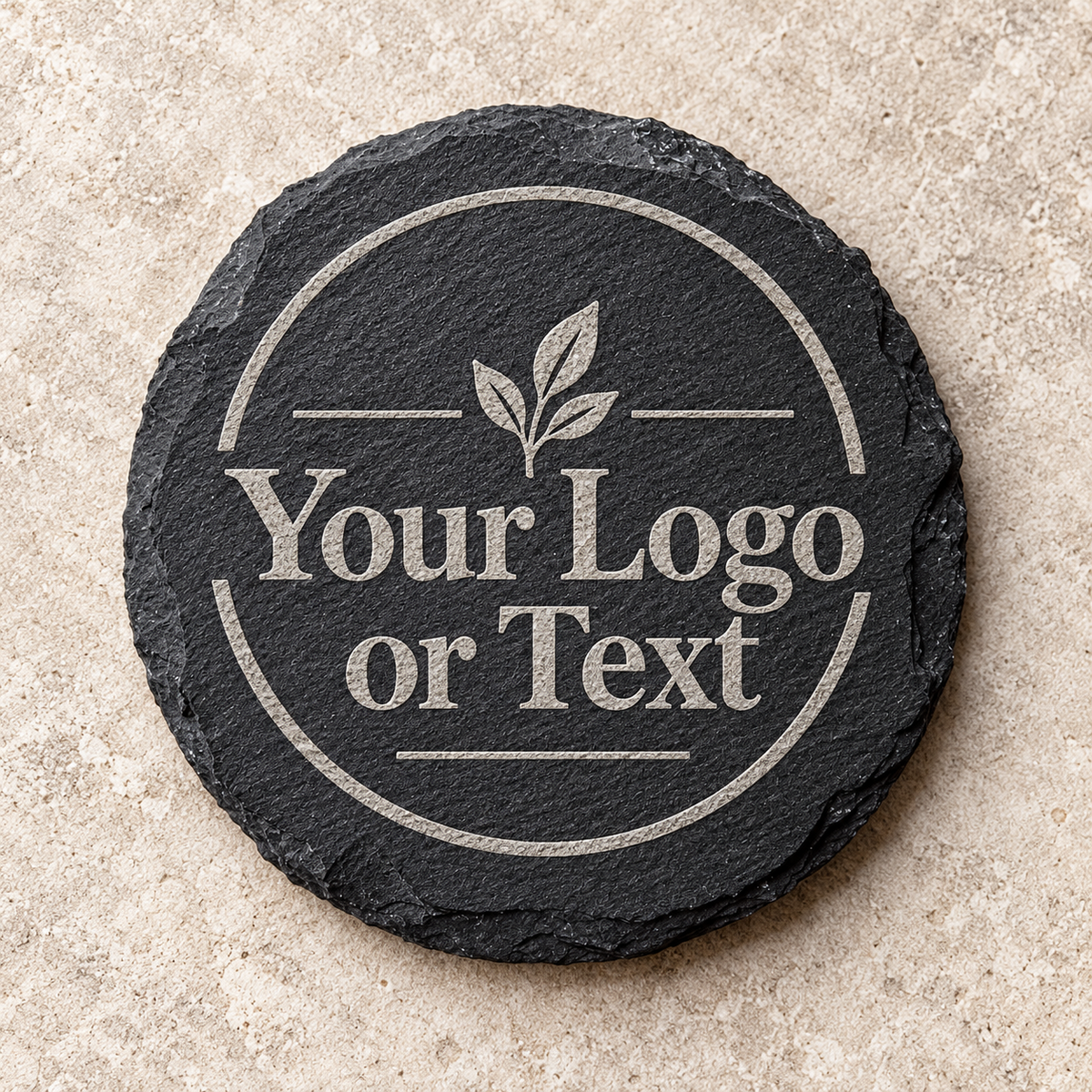 Example of logo or text engraving on slate coasters