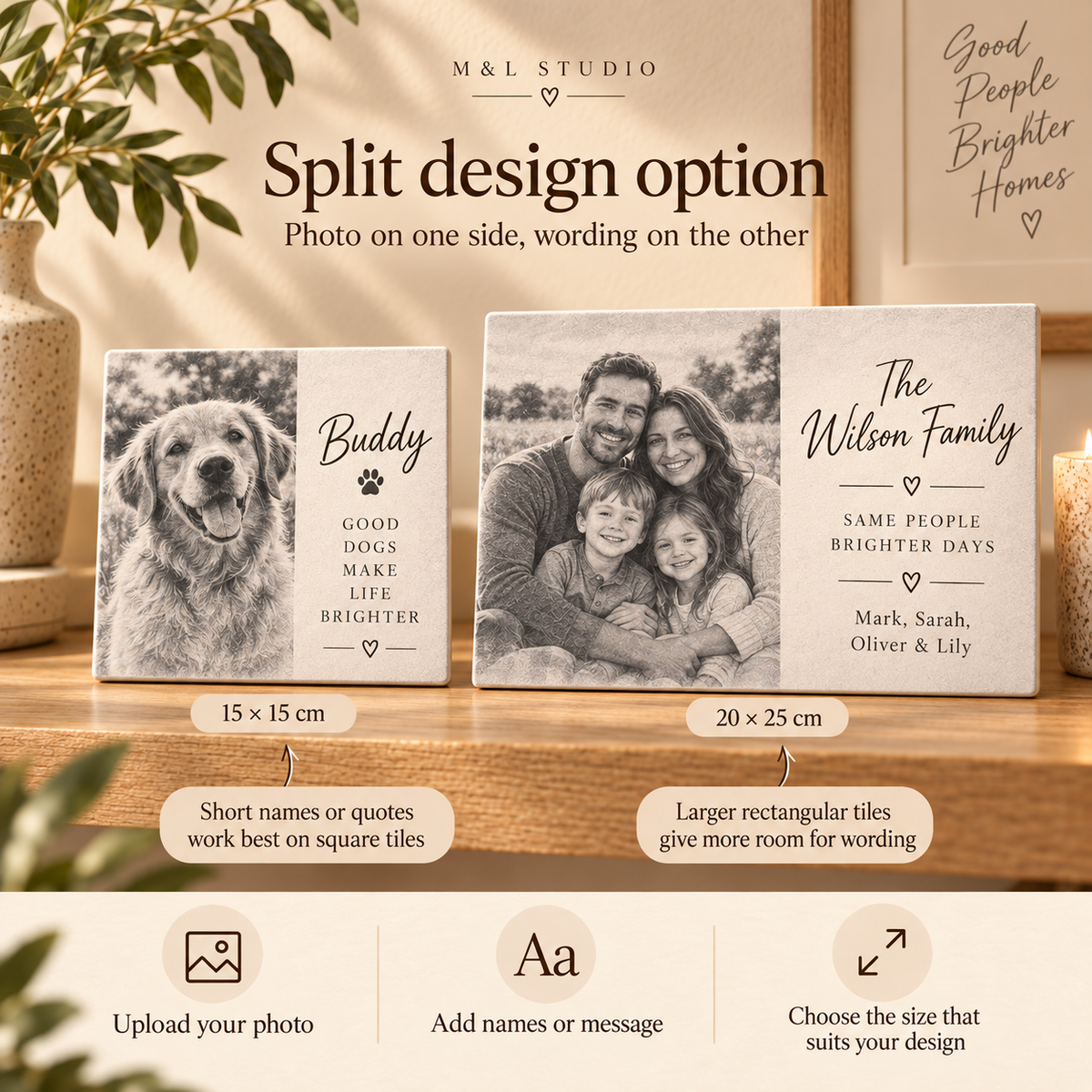 Split design personalised tiles with a photo on one side and custom wording on the other