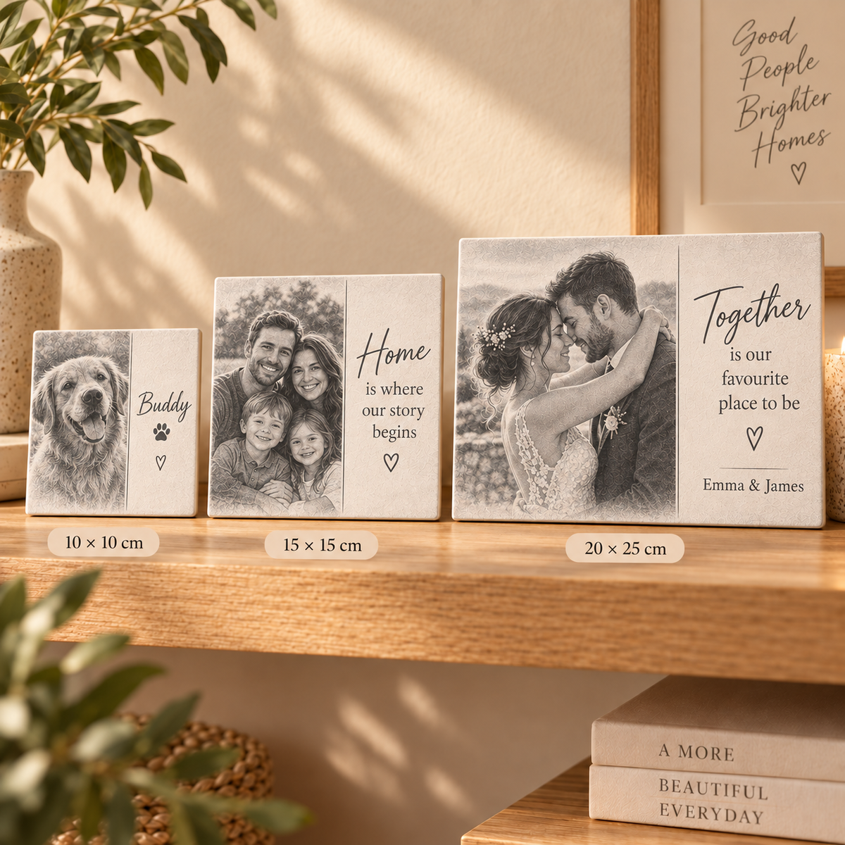 Personalised ceramic photo tiles showing split photo and text layouts in three sizes