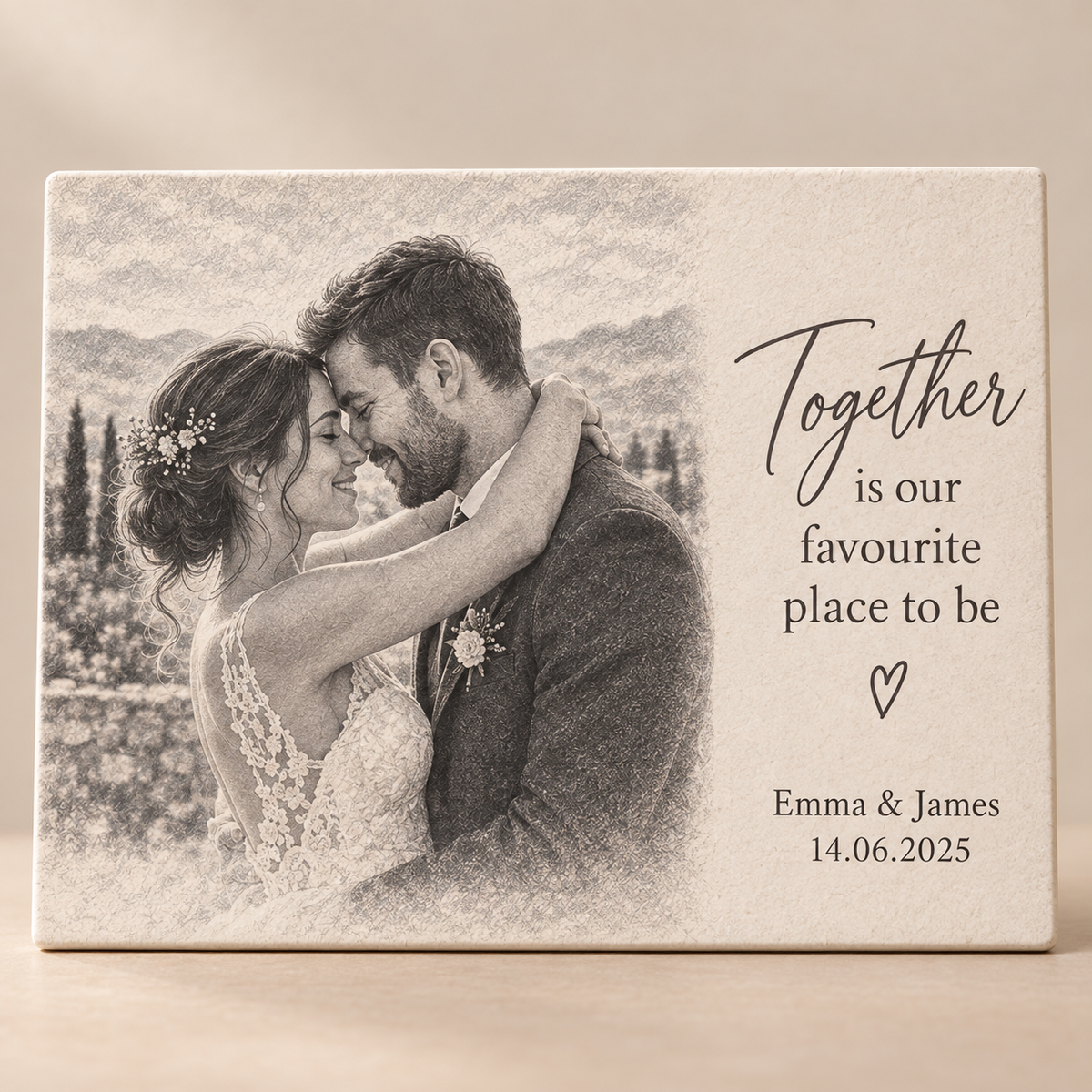 Personalised wedding ceramic tile with photo on the left and custom message on the right