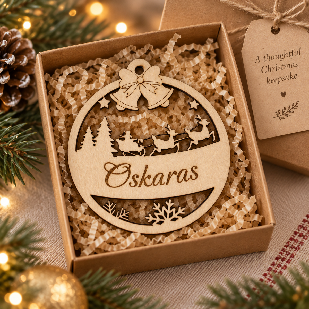 Personalised wooden Christmas ornament presented in a gift box