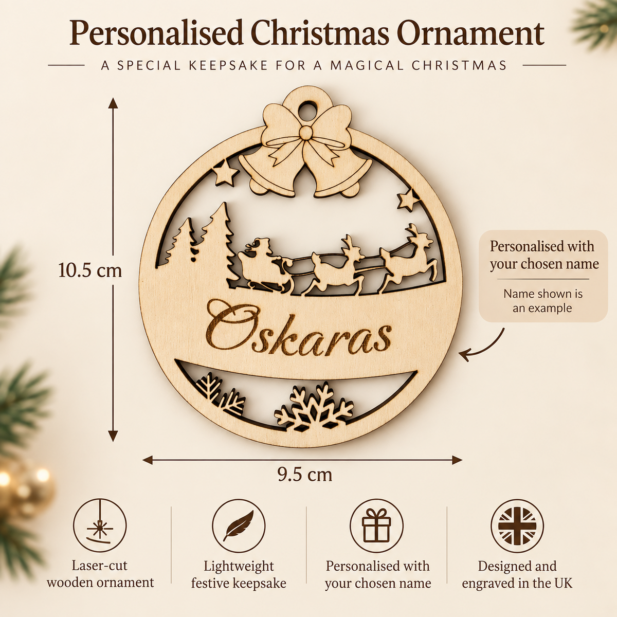 Personalised wooden Christmas ornament size guide showing 9.5 by 10.5 centimetres
