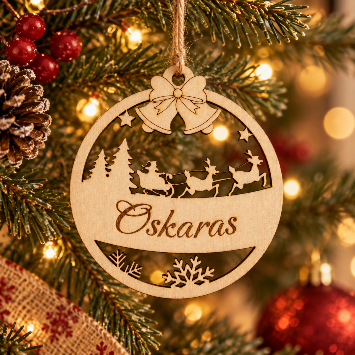Personalised wooden Christmas ornament hanging on a Christmas tree