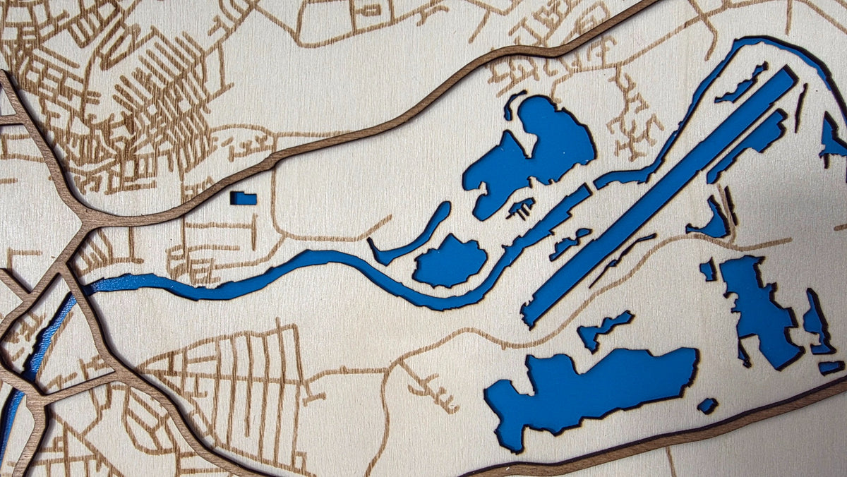 Close-up of engraved roads and blue river and lake areas
